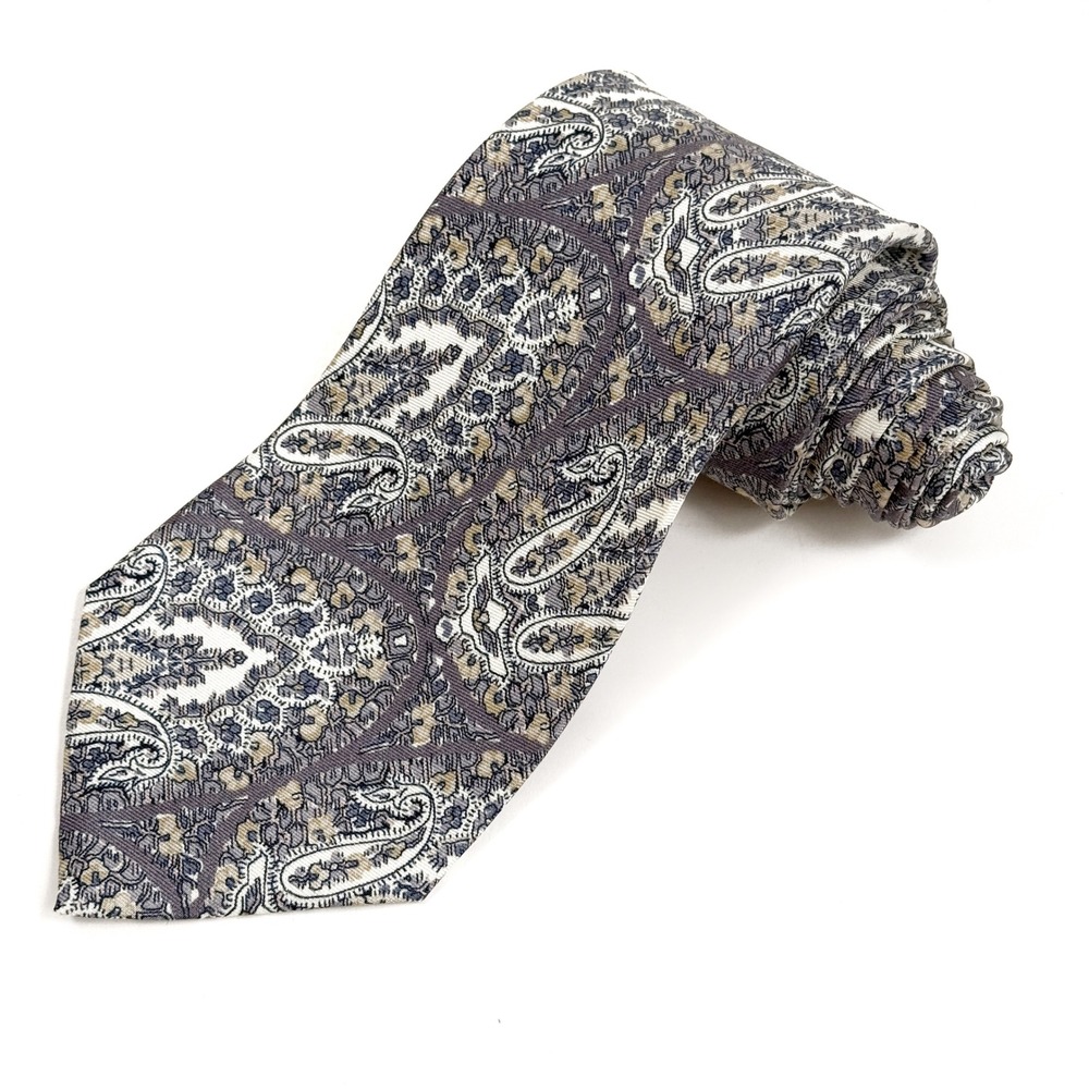 John Varvatos Mens Silk Paisley Necktie Gray Tan Blue Formal Business W: 3.5"
